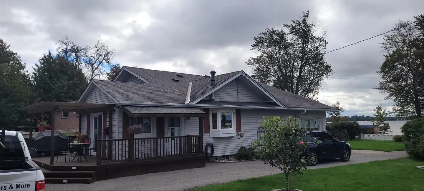 Aerial view of a completed roof on a home near Orillia